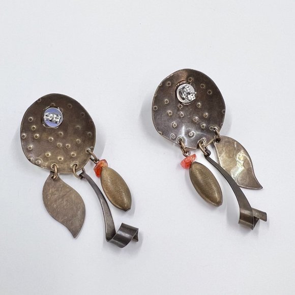 NWOT - Artisan BOHO Brass Tone Textured Metal Dangle Post Earrings - Picture 5 of 6